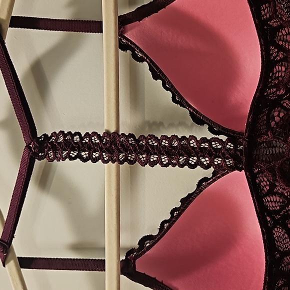 Victoria's Secret PINK Push-up Bra Maroon w/ Lace Floral Pattern Womens 32 C - Picture 6 of 11